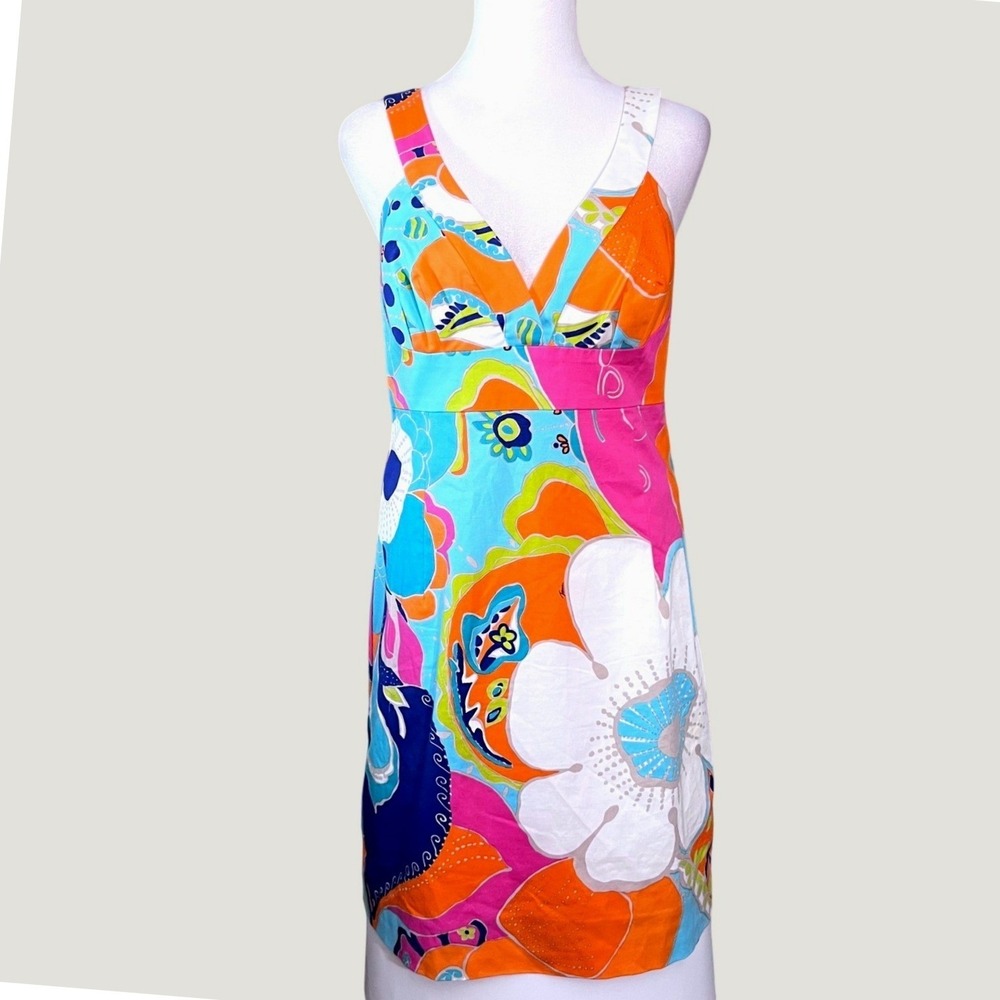 Trina Turk Floral Mini Dress Womens Size Small Mod Psychedelic V-Neck Cross Back